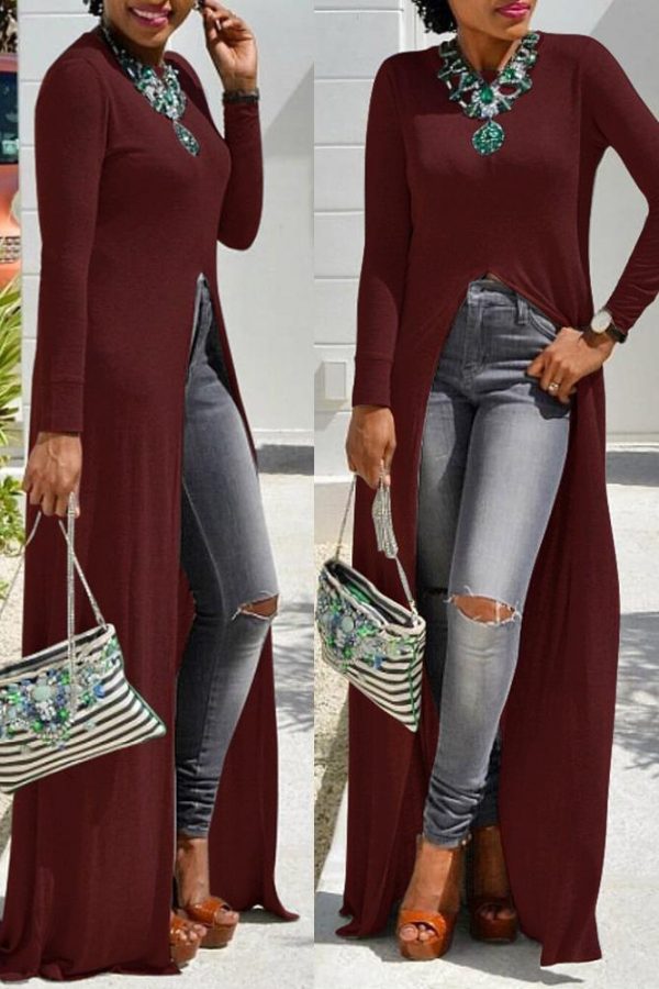 3XL plus size high Slit Sheath T-Shirt Dress women solid long sleeve long maxi dress Casual o neck strretwear - Takalr