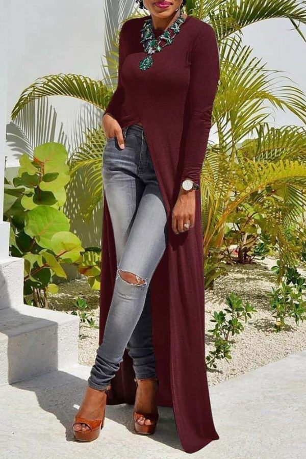 3XL plus size high Slit Sheath T-Shirt Dress women solid long sleeve long maxi dress Casual o neck strretwear - Takalr