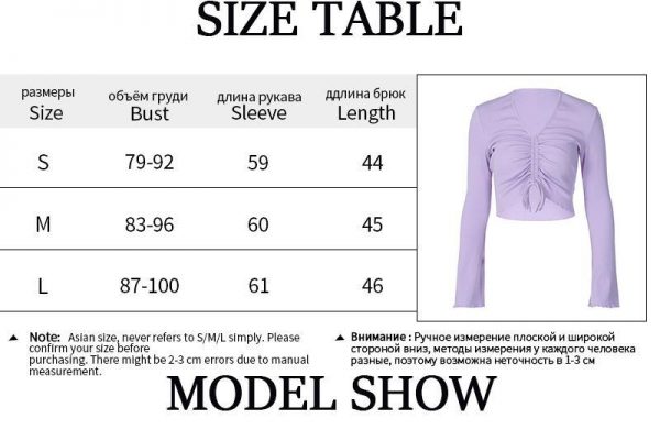 LVINMW V Neck Flare Sleeve Long Drawstring Slim Purple Crop Top Pleated Solid Simple Sweet T Shirts Women Casual Autumn Tops - Takalr