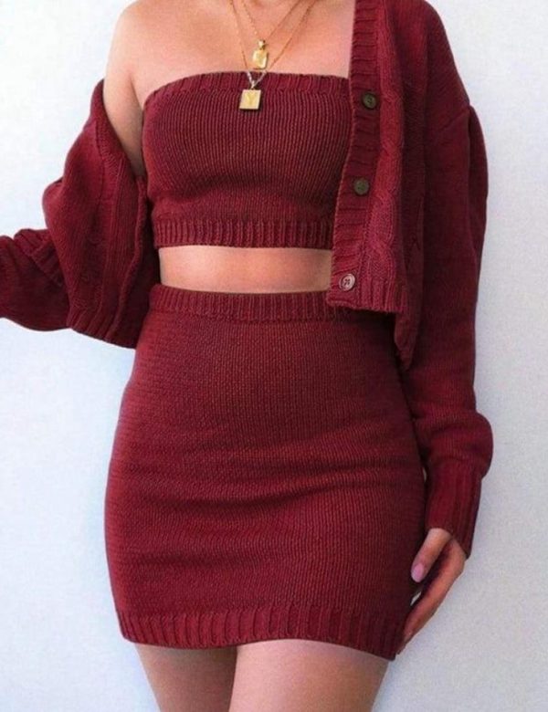 The Best 3Pcs Women Sexy Knitted Outfits Autumn Winter Solid Tube Crop Top + Mini Skirt + Long Sleeve Cardigan Sweater Sets Online - Takalr