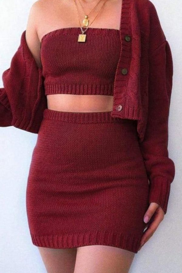 The Best 3Pcs Women Sexy Knitted Outfits Autumn Winter Solid Tube Crop Top + Mini Skirt + Long Sleeve Cardigan Sweater Sets Online - Takalr