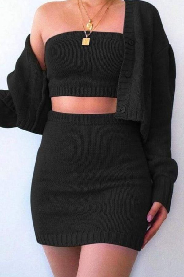 The Best 3Pcs Women Sexy Knitted Outfits Autumn Winter Solid Tube Crop Top + Mini Skirt + Long Sleeve Cardigan Sweater Sets Online - Takalr