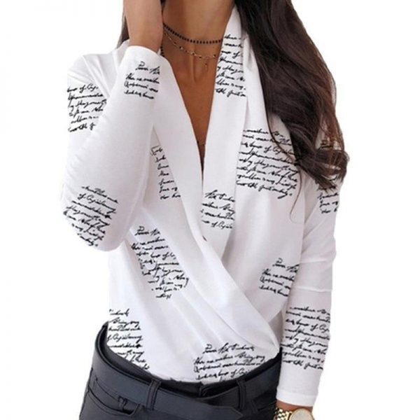 3xl Plus Size Letter Print Long Sleeve T Shirt Women V Neck Wrap Shirt Spring Elegant Ladies Workwear Tops Blusa Mujer - Takalr