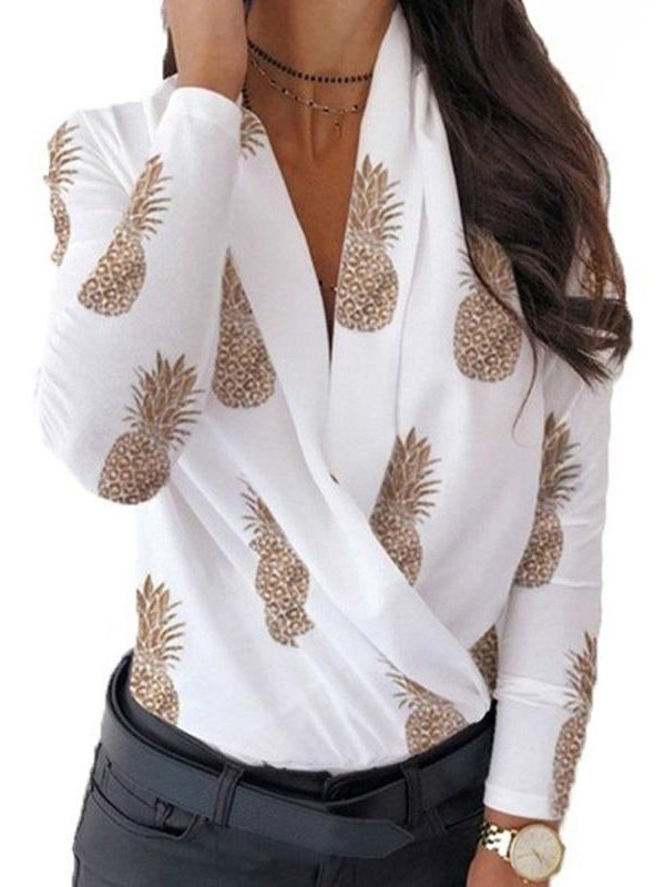 3xl Plus Size Letter Print Long Sleeve T Shirt Women V Neck Wrap Shirt Spring Elegant Ladies Workwear Tops Blusa Mujer - Takalr