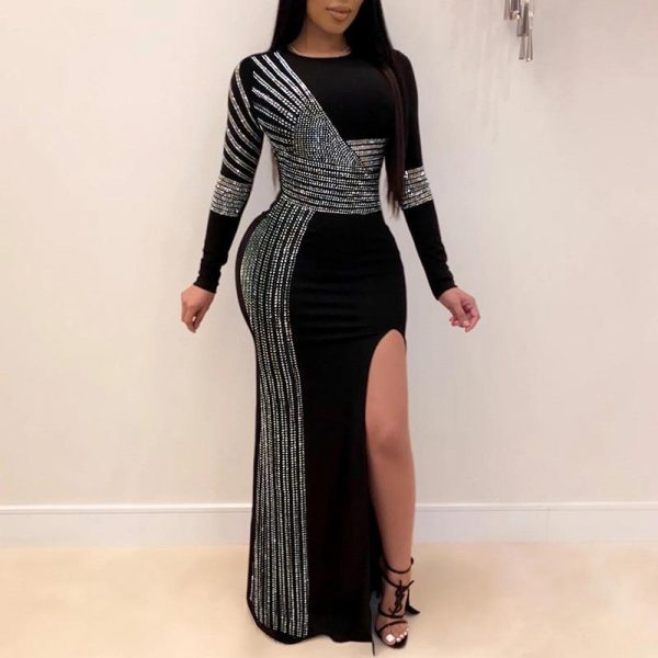 3xl plus size women dress long sleeve high slit sequin dress o neck sexy party dress elegant ladies diamonds maxi dresses - Takalr