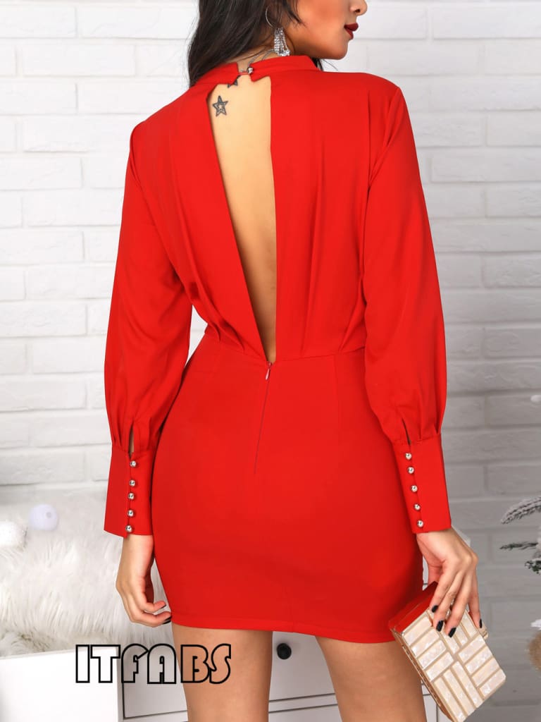 Women Open Back Bodycon Mini Dress Casual Ruched Long Sleeve Bodycon Slim Evening Party Dress