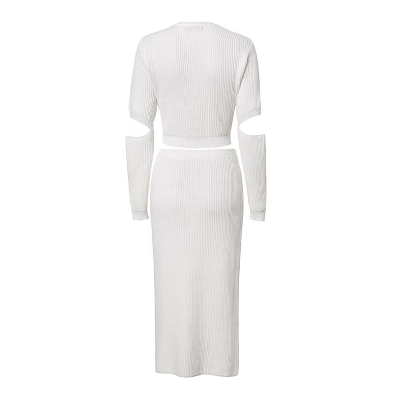 Elegant knitted sweater dress Hollow out two piece suit midi dress