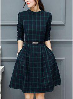 dress autumn outfit women plaid print long sleeve o neck belted outfit - Takalr