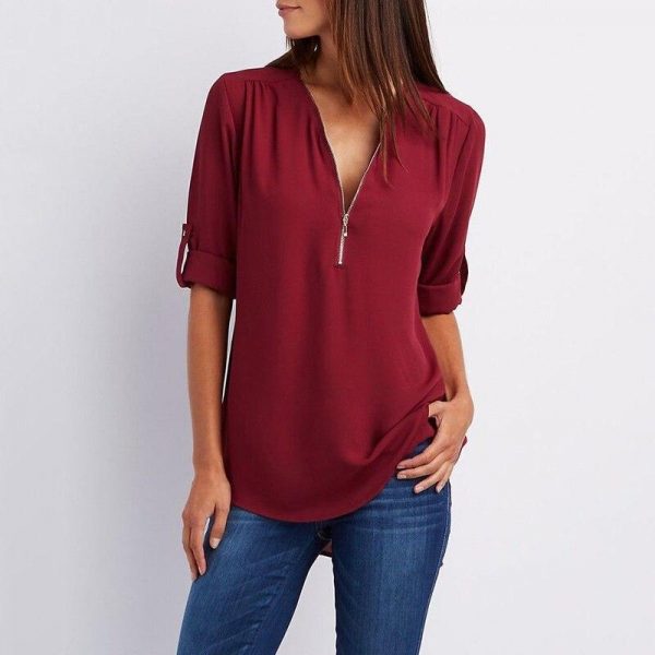 5XL Plus size chiffon blouse shirt Women zipped up v neck long sleeve tops shirts Summer casual loose shirts Femme top - Takalr