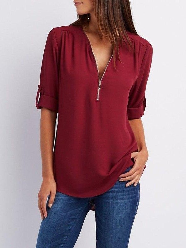 5XL Plus size chiffon blouse shirt Women zipped up v neck long sleeve tops shirts Summer casual loose shirts Femme top - Takalr