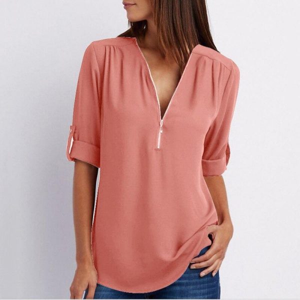 5XL Plus size chiffon blouse shirt Women zipped up v neck long sleeve tops shirts Summer casual loose shirts Femme top - Takalr