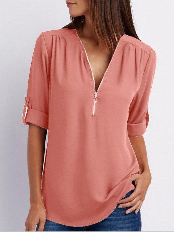 5XL Plus size chiffon blouse shirt Women zipped up v neck long sleeve tops shirts Summer casual loose shirts Femme top - Takalr