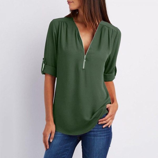 5XL Plus size chiffon blouse shirt Women zipped up v neck long sleeve tops shirts Summer casual loose shirts Femme top - Takalr