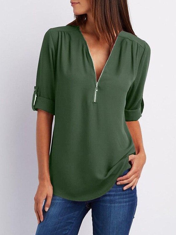 5XL Plus size chiffon blouse shirt Women zipped up v neck long sleeve tops shirts Summer casual loose shirts Femme top - Takalr