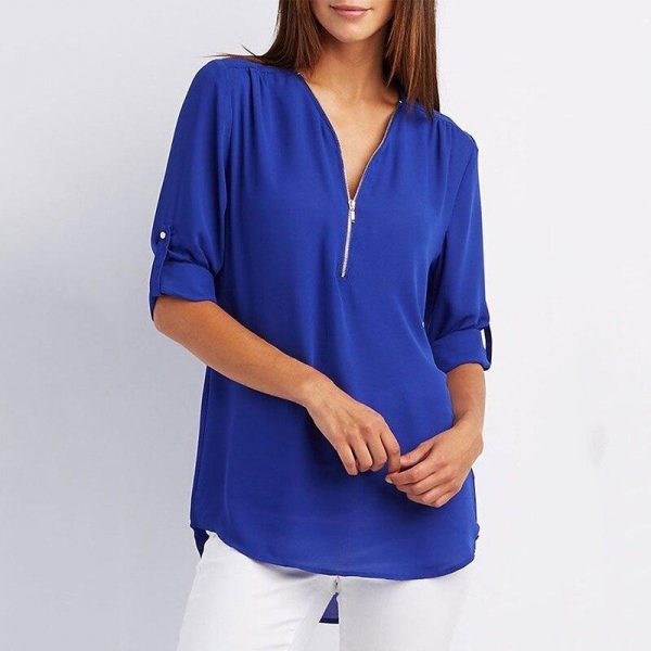 5XL Plus size chiffon blouse shirt Women zipped up v neck long sleeve tops shirts Summer casual loose shirts Femme top - Takalr