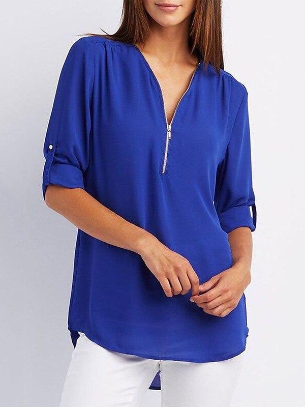 5XL Plus size chiffon blouse shirt Women zipped up v neck long sleeve tops shirts Summer casual loose shirts Femme top - Takalr