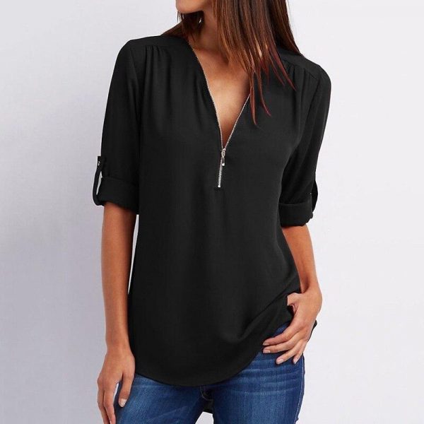 5XL Plus size chiffon blouse shirt Women zipped up v neck long sleeve tops shirts Summer casual loose shirts Femme top - Takalr