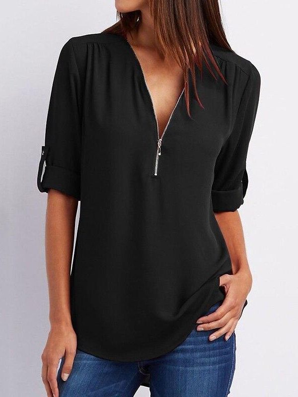 5XL Plus size chiffon blouse shirt Women zipped up v neck long sleeve tops shirts Summer casual loose shirts Femme top - Takalr