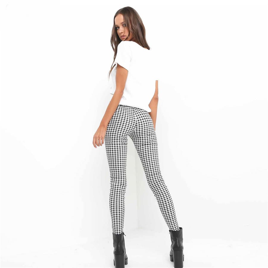 Cotton Comfortable Women Plaid Pants Side Stripe Casual Elastic Pants