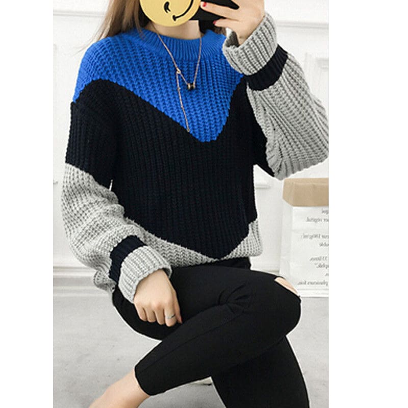 Fashion Women Long Sleeve Loose Knitted Sweater Lady Girls Winter Jumper Knitwear Outwear Casual Patchwork Tops Sweater