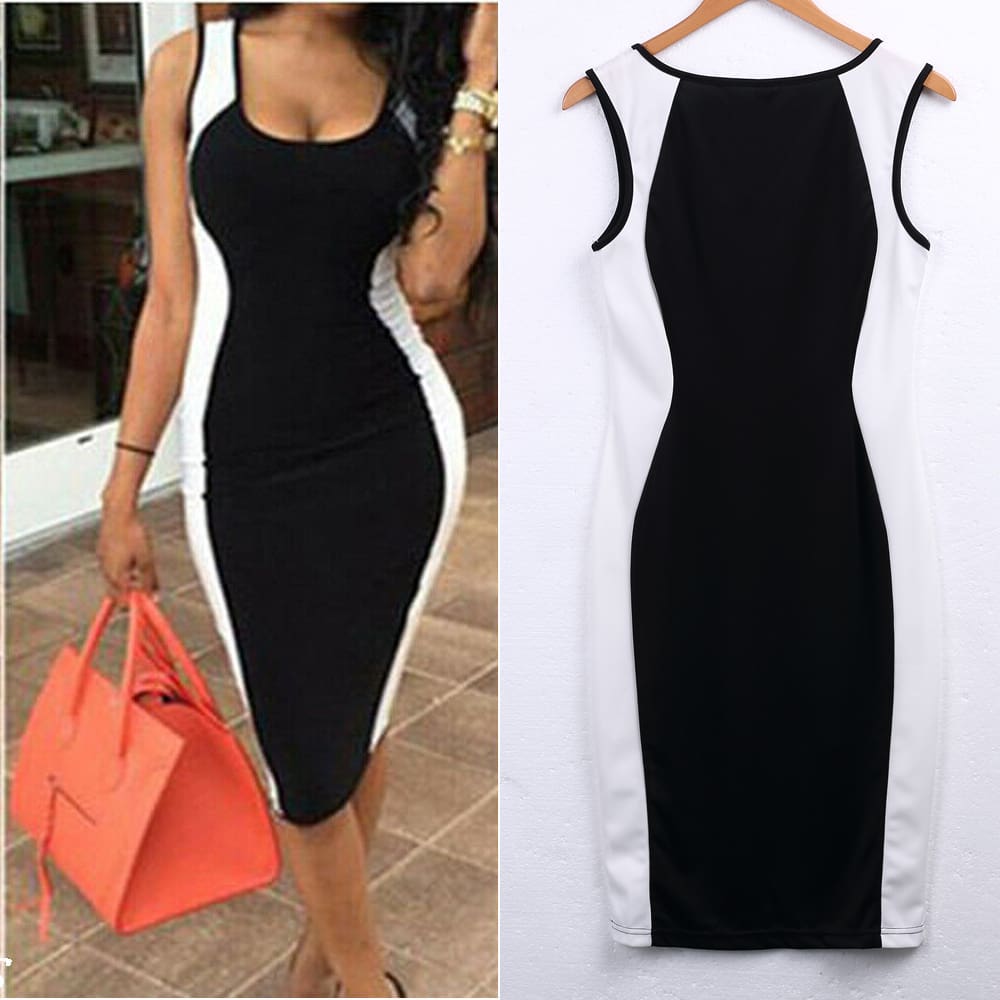 Dress Fashion Women Backless Bodycon Dress Sleeveless Black White Patchwork Low Cut Package Hip Dress