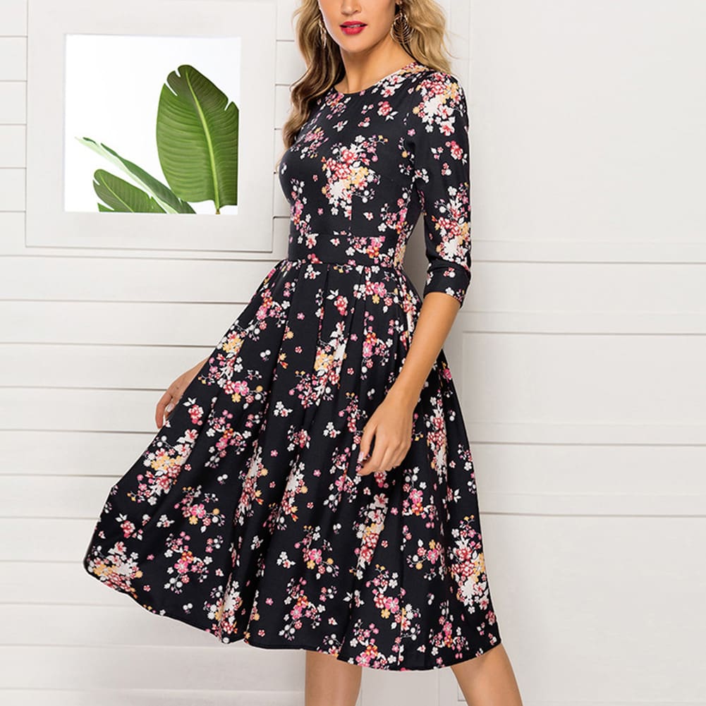 Floral Print Sundress Lady Half Sleeve Fit and Flare Party Dress Sundress Plus Size