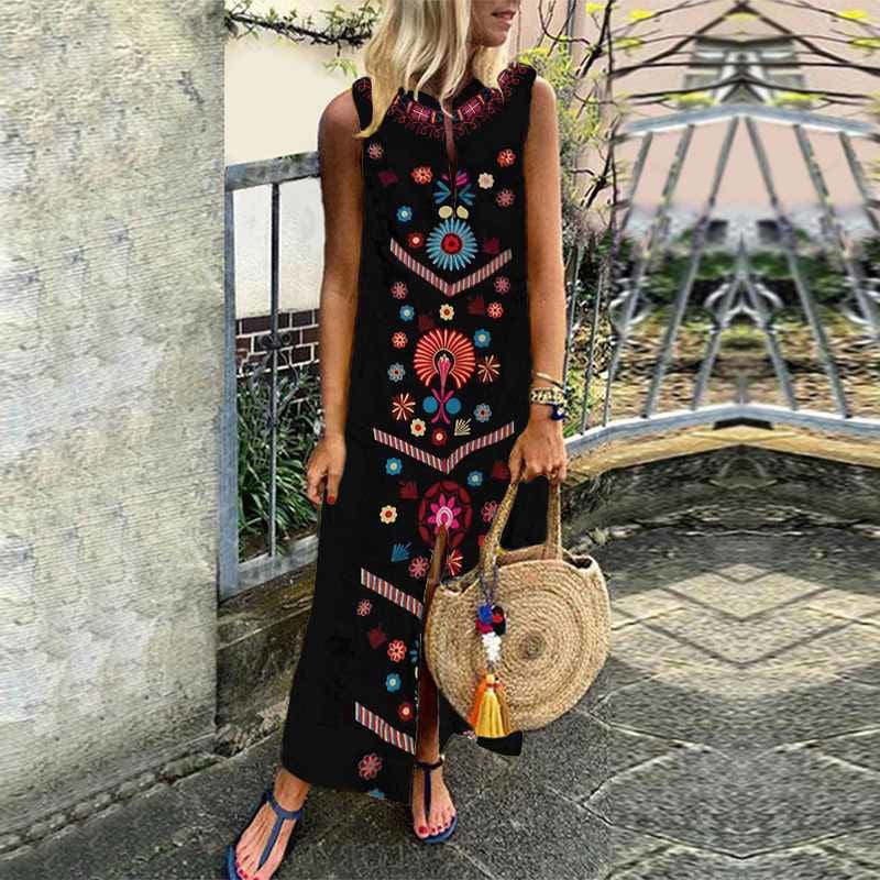 New Women Boho Floral Sleeveless Slit Fashion Ladies Long Holiday Casual Summer Print Beach Dress Sundress Hot