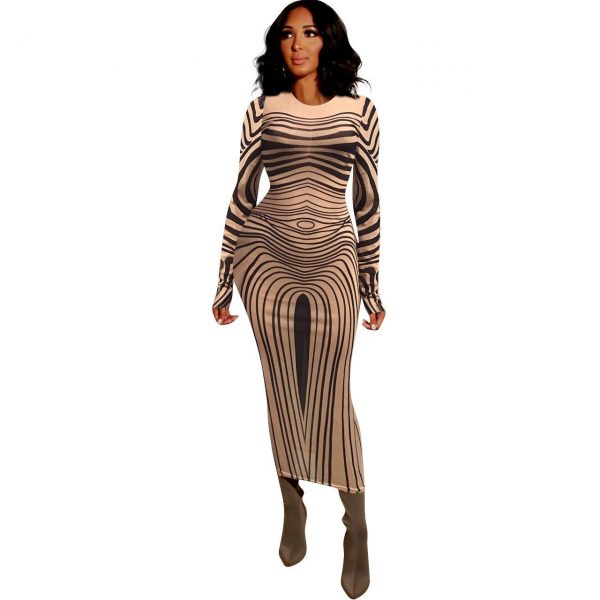 Long sleeve mesh sheer party dress transparent striped printed bodycon dress Maxi dress Optical illusion wavy Vestidos - Takalr