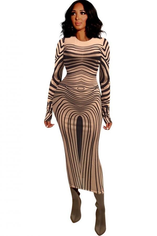 Long sleeve mesh sheer party dress transparent striped printed bodycon dress Maxi dress Optical illusion wavy Vestidos - Takalr