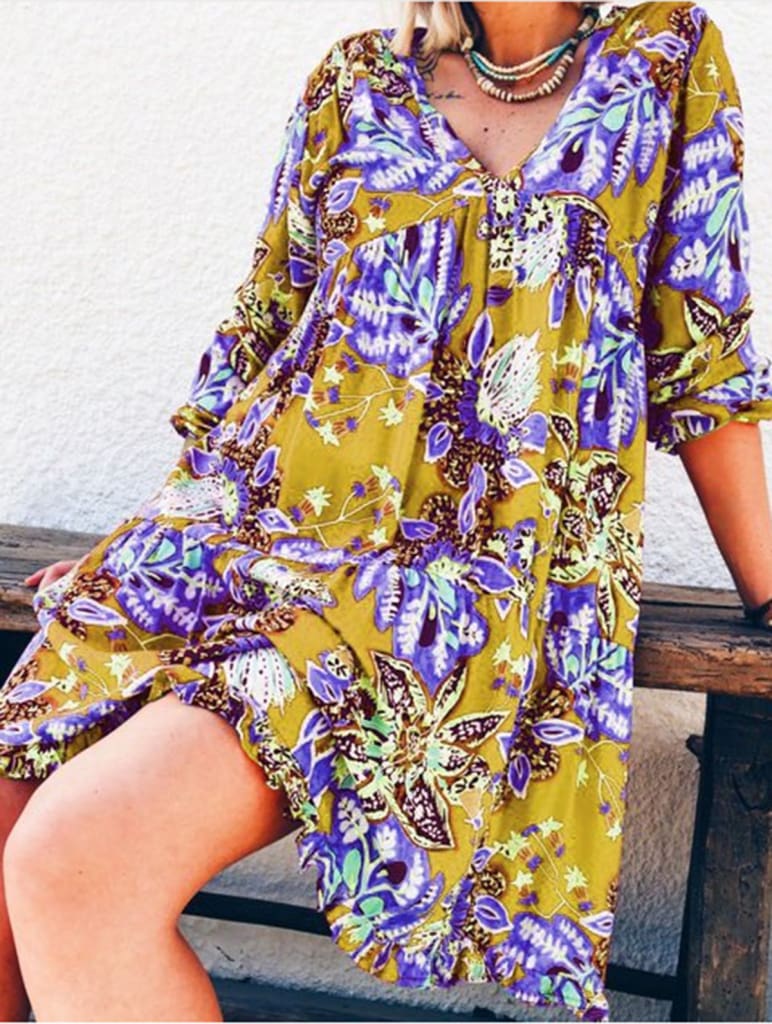 New Fashion Women Long Sleeve Summer Autumn Boho Floral Printed Beach Casual Loose Kaftan Tunic Beach Mini Dress Sundress