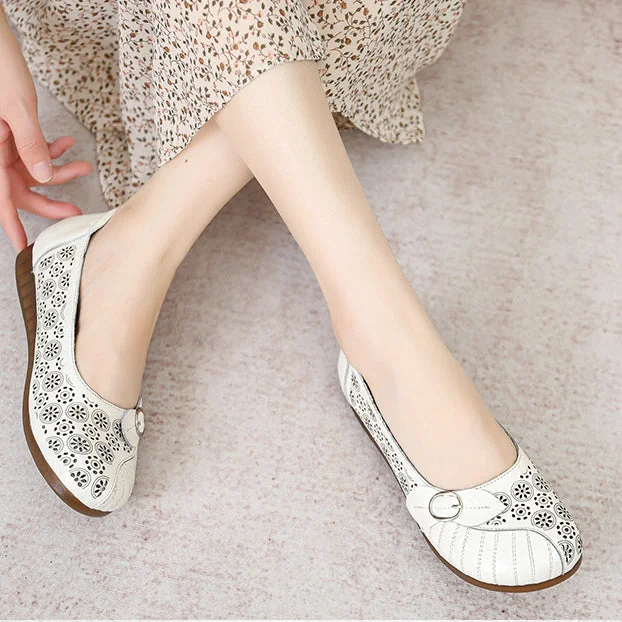 Retro Handmade Leather Sandals Women's Flat Hollow Sandals - Image 3