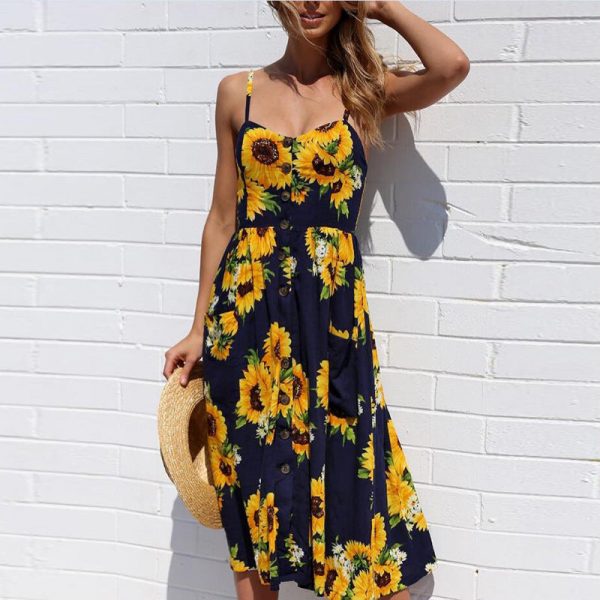 The Best Sunflower Printing Button Up A Line Off Shoulder Sleeveless Dress Online - Source Silk