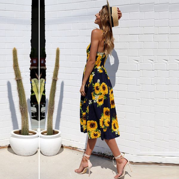 The Best Sunflower Printing Button Up A Line Off Shoulder Sleeveless Dress Online - Source Silk