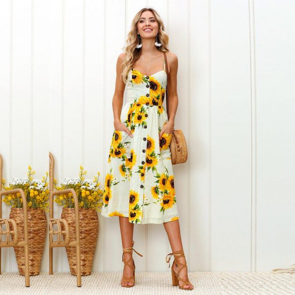 The Best Sunflower Printing Button Up A Line Off Shoulder Sleeveless Dress Online - Source Silk