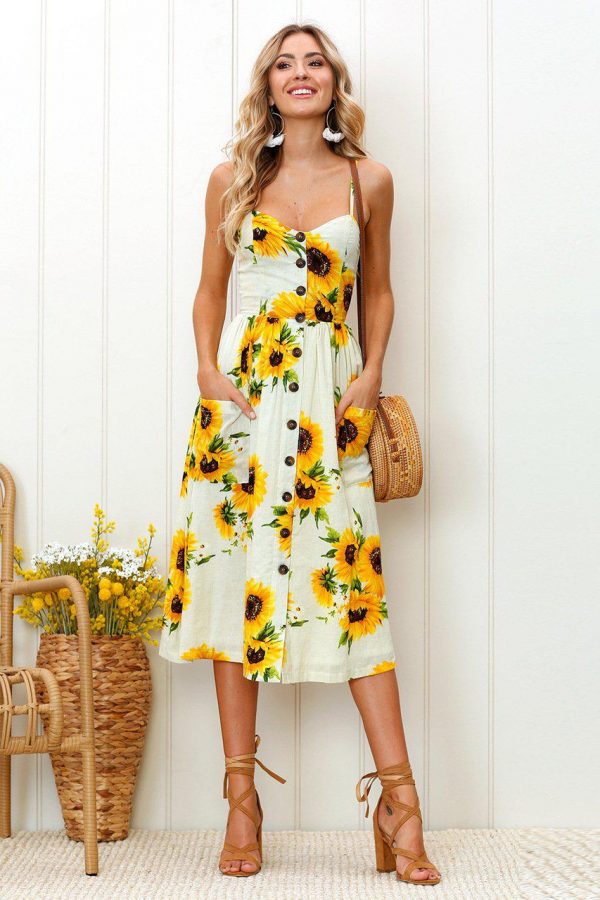 The Best Sunflower Printing Button Up A Line Off Shoulder Sleeveless Dress Online - Source Silk