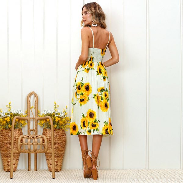 The Best Sunflower Printing Button Up A Line Off Shoulder Sleeveless Dress Online - Source Silk