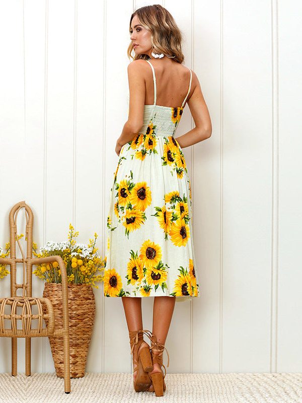 The Best Sunflower Printing Button Up A Line Off Shoulder Sleeveless Dress Online - Source Silk