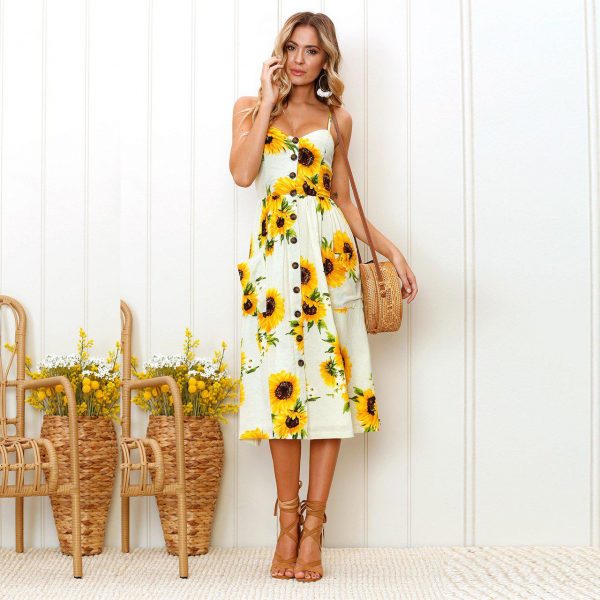 The Best Sunflower Printing Button Up A Line Off Shoulder Sleeveless Dress Online - Source Silk