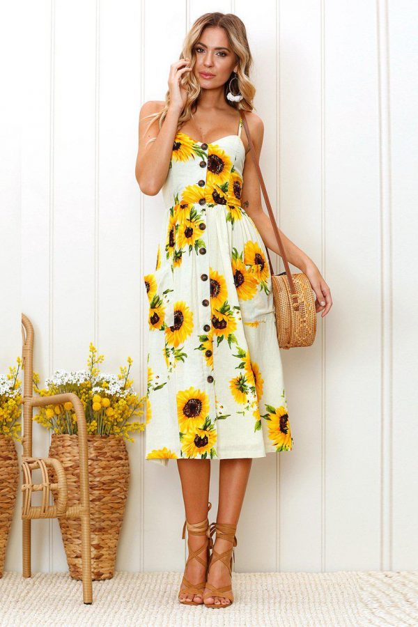 The Best Sunflower Printing Button Up A Line Off Shoulder Sleeveless Dress Online - Source Silk