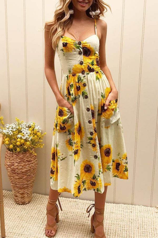 The Best Sunflower Printing Button Up A Line Off Shoulder Sleeveless Dress Online - Source Silk