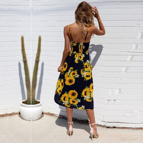 The Best Sunflower Printing Button Up A Line Off Shoulder Sleeveless Dress Online - Source Silk