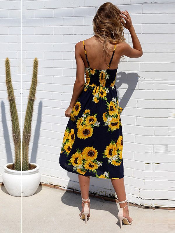 The Best Sunflower Printing Button Up A Line Off Shoulder Sleeveless Dress Online - Source Silk