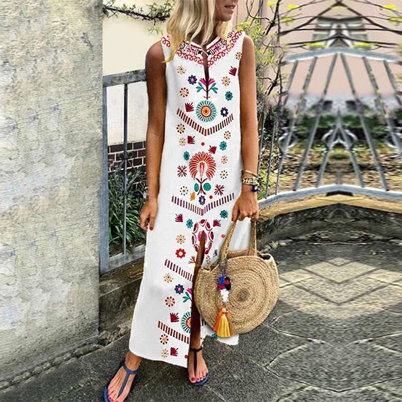 New Women Boho Floral Sleeveless Slit Fashion Ladies Long Holiday Casual Summer Print Beach Dress Sundress Hot