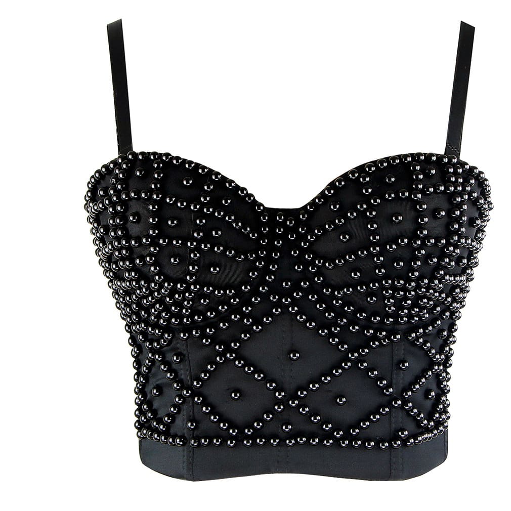 Womens Punk Black Bra Crop Top Corsets and Bustiers Beading