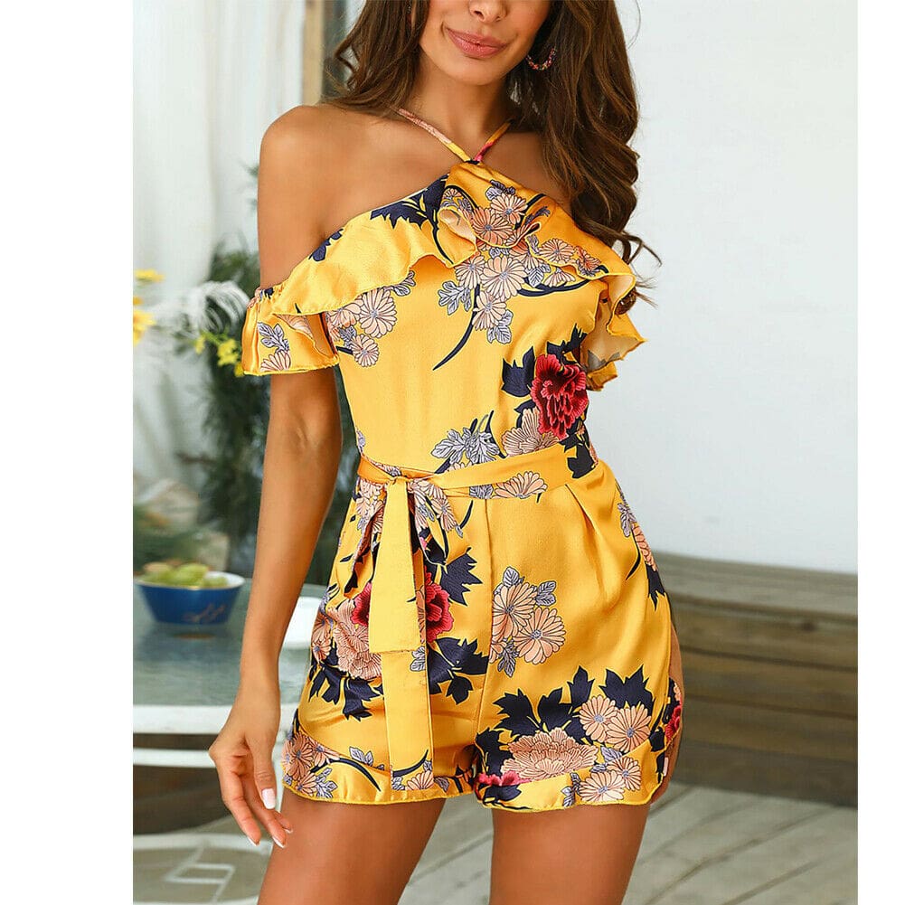 New Women Boho Floral Off Shoulder Jumpsuit Ladies Summer Beach Bodycon Playsuit Short Pants Trousers Romper