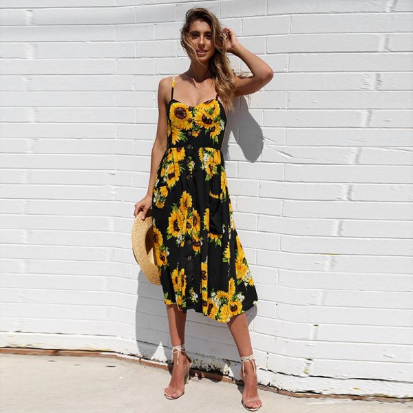 The Best Sunflower Printing Button Up A Line Off Shoulder Sleeveless Dress Online - Source Silk