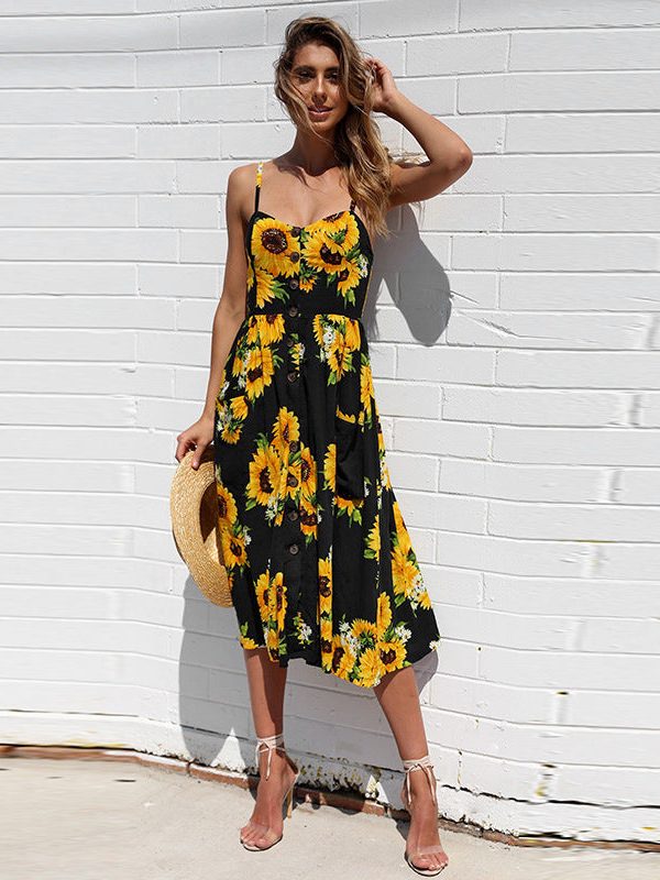 The Best Sunflower Printing Button Up A Line Off Shoulder Sleeveless Dress Online - Source Silk