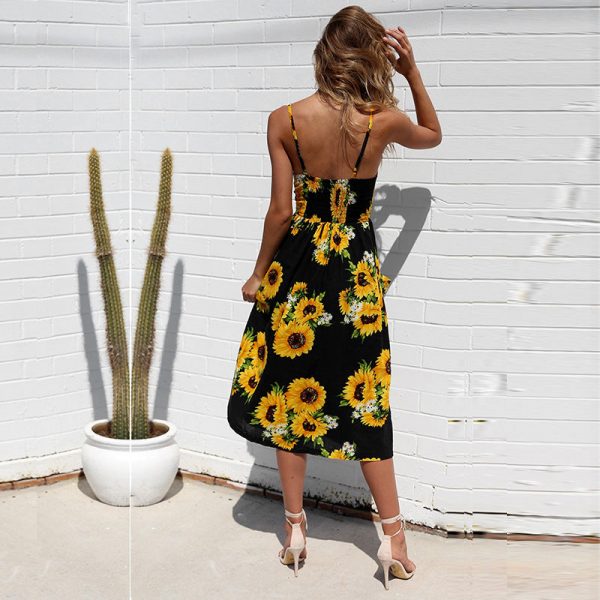 The Best Sunflower Printing Button Up A Line Off Shoulder Sleeveless Dress Online - Source Silk