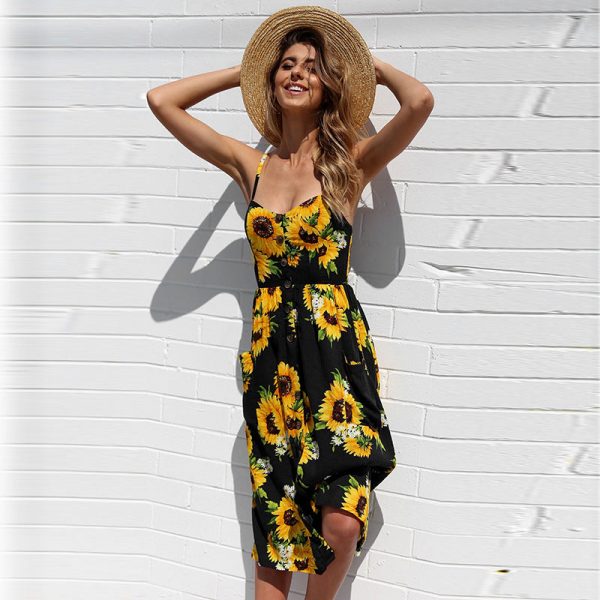 The Best Sunflower Printing Button Up A Line Off Shoulder Sleeveless Dress Online - Source Silk