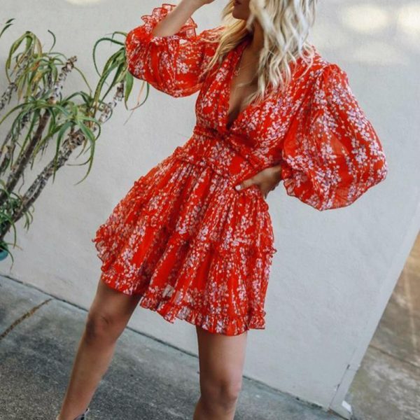 V-neck backless dress printed Elegant lantern sleeve ruffle dresses - Takalr